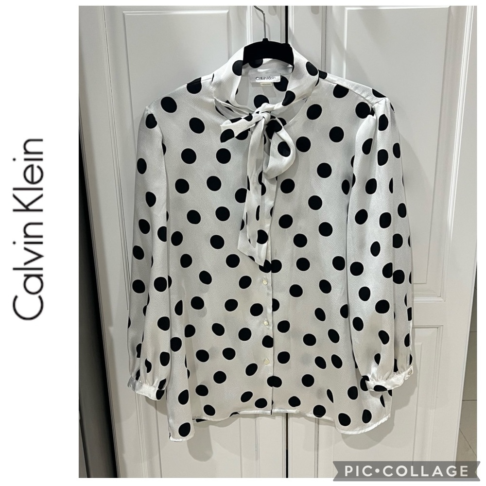 Calvin Klein Black and White Polka Dot Bow Neck Top size medium petite